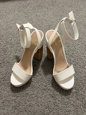 Aldo White Ankle-Strap Cork Block Heel Sandals